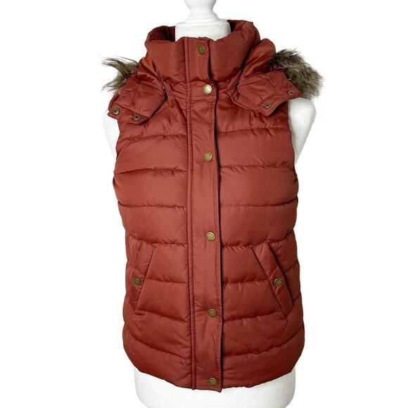 H&M L.O.G.G. Women's Puffer Vest 6 Brown Orange Hooded Faux Fur Removable Zip Up - Picture 1 of 8